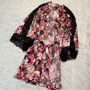 Floral Satin Robe with Lace Trim